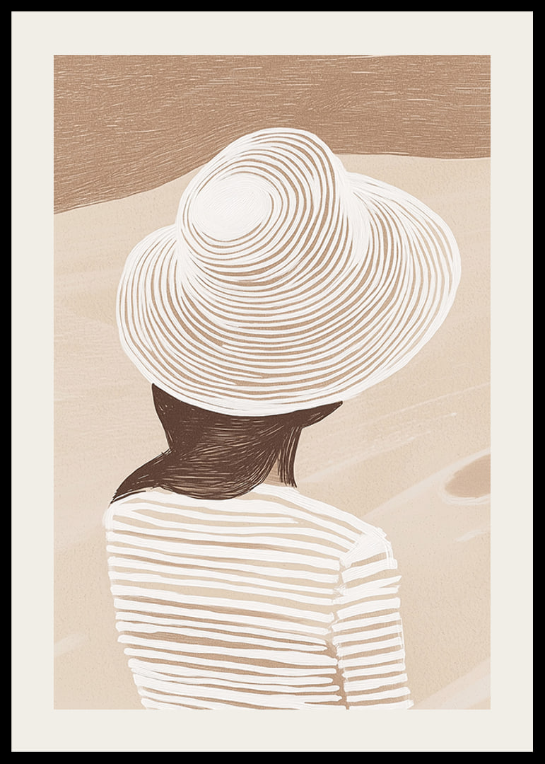 En stilren illustration av en kvinna med hatt mot en mjuk, sandfärgad bakgrund-12