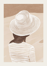 En stilren illustration av en kvinna med hatt mot en mjuk, sandfärgad bakgrund-3