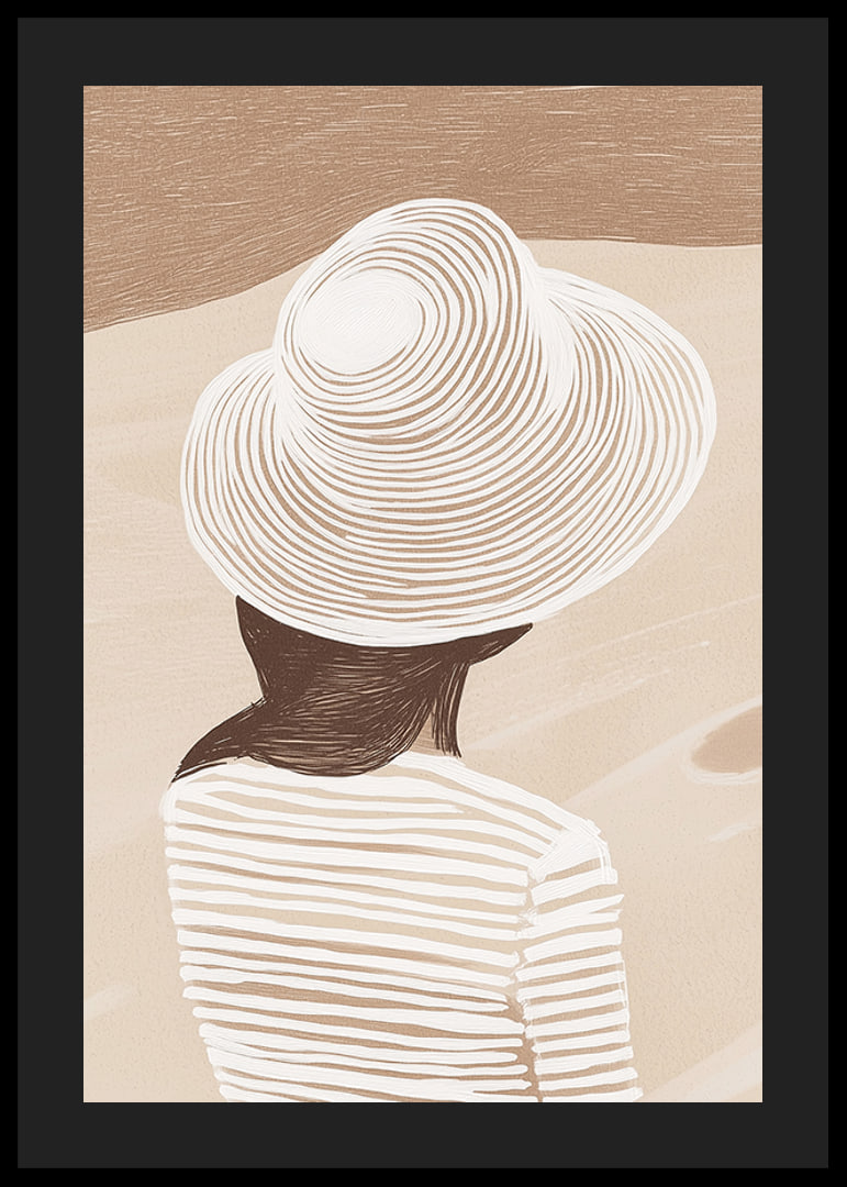 En stilren illustration av en kvinna med hatt mot en mjuk, sandfärgad bakgrund-12