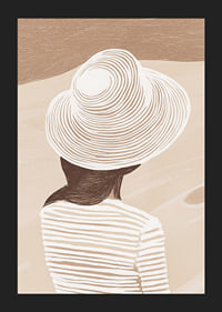 En stilren illustration av en kvinna med hatt mot en mjuk, sandfärgad bakgrund-5