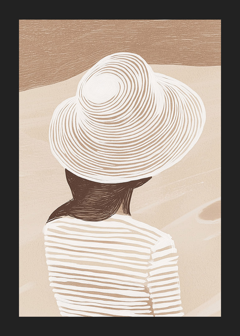 En stilren illustration av en kvinna med hatt mot en mjuk, sandfärgad bakgrund-12