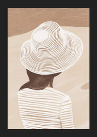 A stylish illustration of a woman wearing a hat against a soft, sand-colored background-5