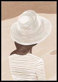 En stilren illustration av en kvinna med hatt mot en mjuk, sandfärgad bakgrund-6