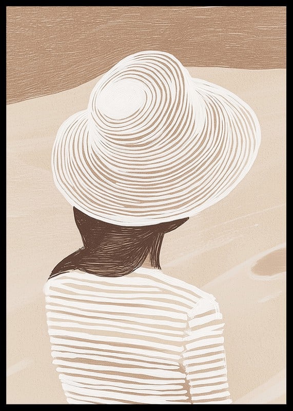 En stilren illustration av en kvinna med hatt mot en mjuk, sandfärgad bakgrund-12