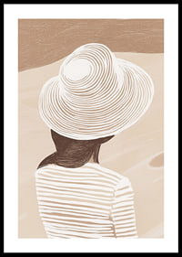 En stilren illustration av en kvinna med hatt mot en mjuk, sandfärgad bakgrund-0