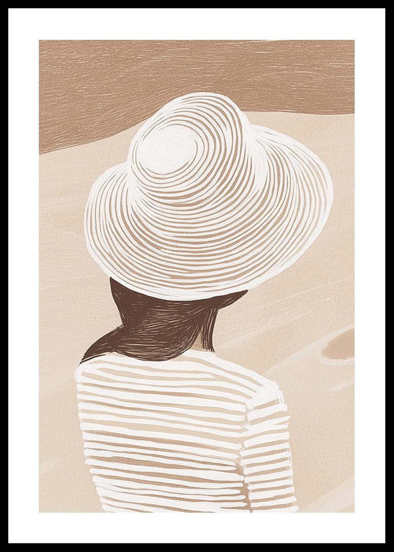 En stilren illustration av en kvinna med hatt mot en mjuk, sandfärgad bakgrund-12