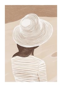 O ilustrație elegantă a unei femei care poartă o pălărie pe un fundal moale, de culoarea nisipului-1