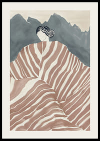 En elegant figur svept i randigt tyg, omgiven av mystiska berg-2