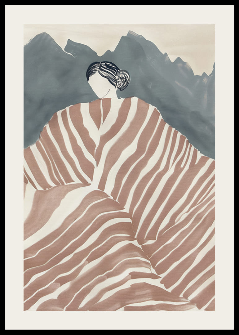 En elegant figur svept i randigt tyg, omgiven av mystiska berg-12