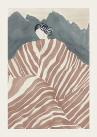 En elegant figur svept i randigt tyg, omgiven av mystiska berg-3