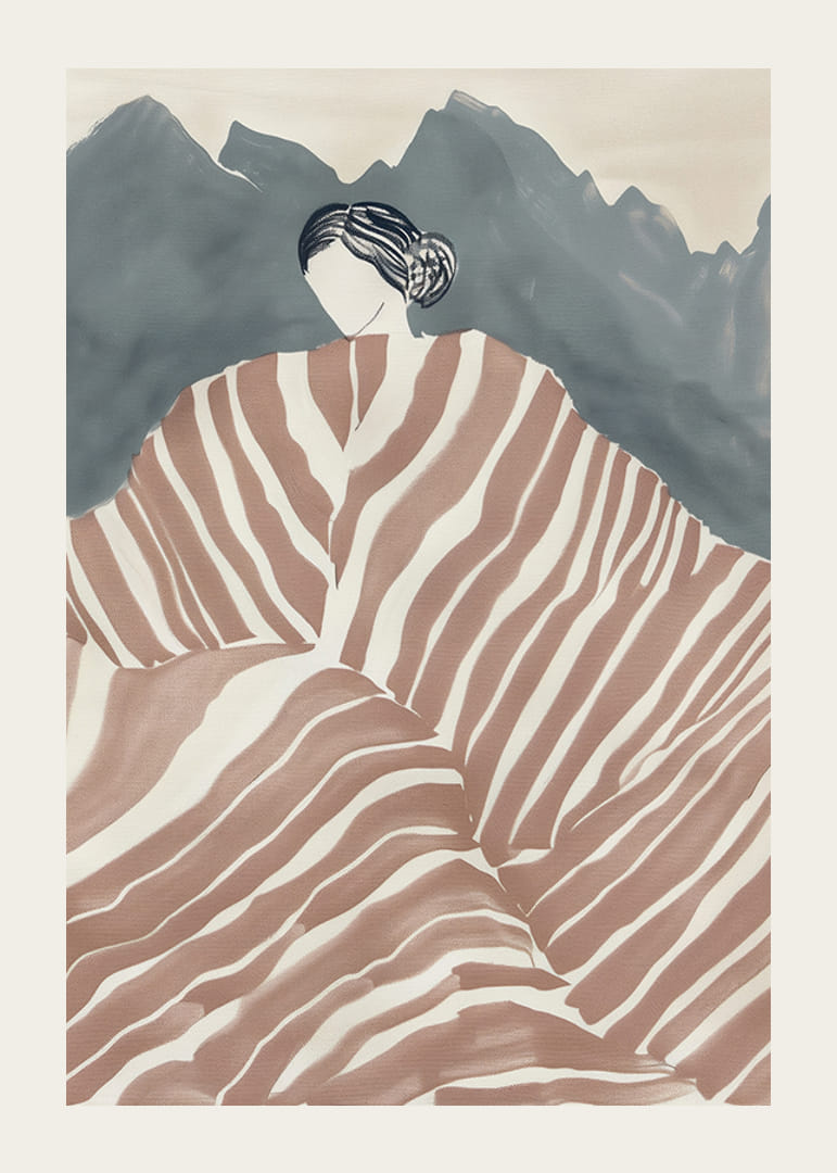 En elegant figur svept i randigt tyg, omgiven av mystiska berg-12