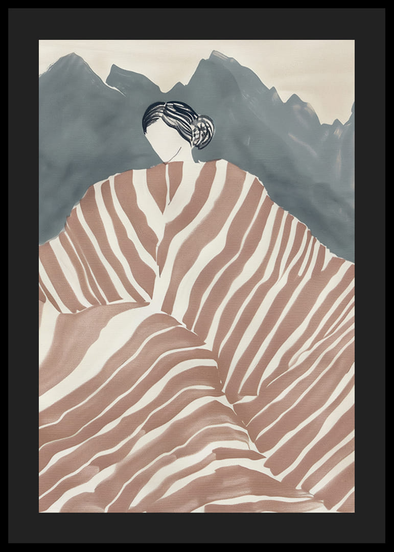 En elegant figur svept i randigt tyg, omgiven av mystiska berg-12