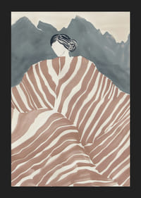 En elegant figur svept i randigt tyg, omgiven av mystiska berg-5