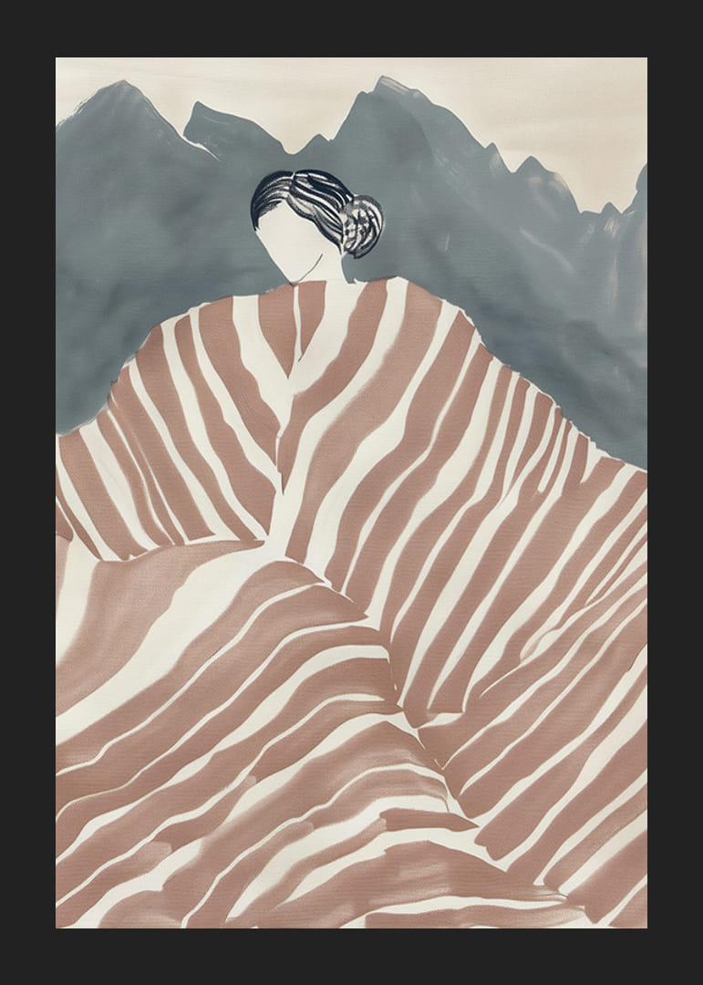 En elegant figur svept i randigt tyg, omgiven av mystiska berg-12