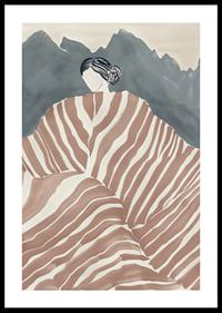 En elegant figur svept i randigt tyg, omgiven av mystiska berg-0