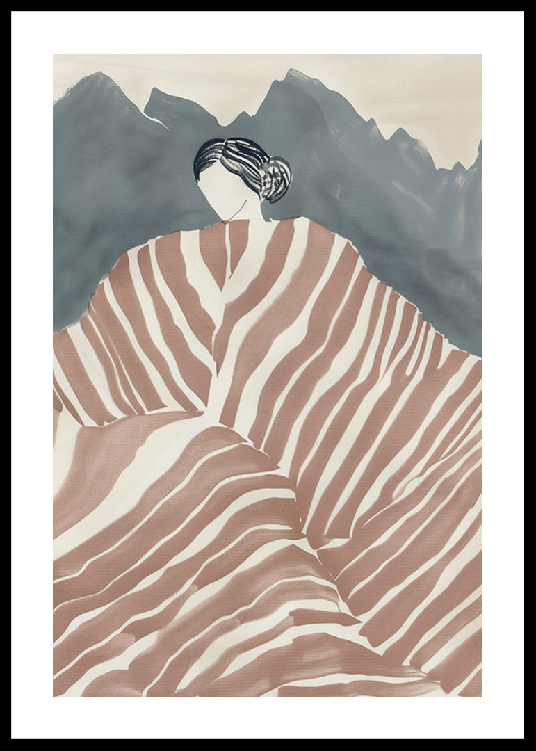 En elegant figur svept i randigt tyg, omgiven av mystiska berg-12