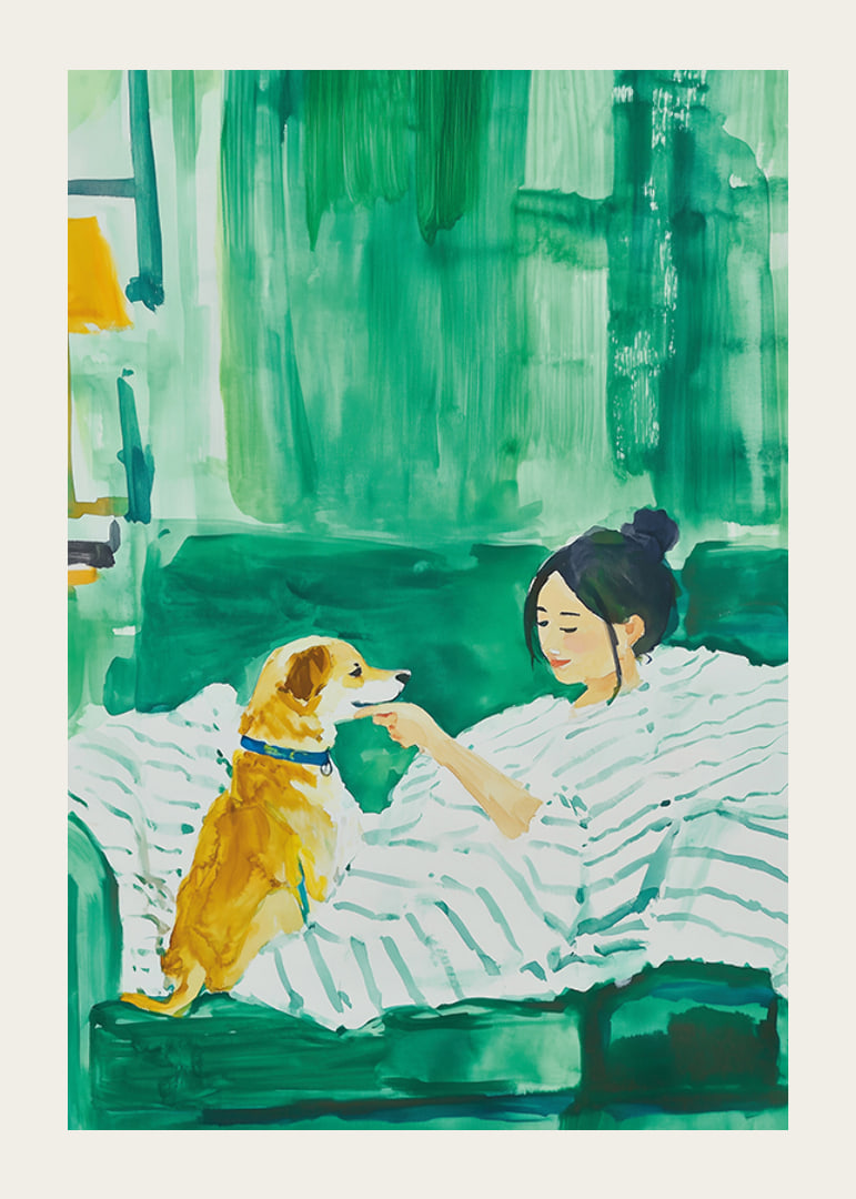 Woman and dog rest harmoniously in green tones, filled with calm and togetherness-12