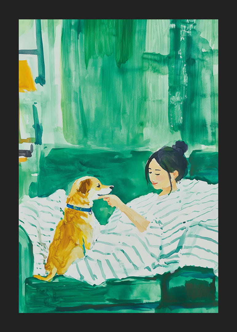Woman and dog rest harmoniously in green tones, filled with calm and togetherness-12