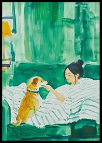 Woman and dog rest harmoniously in green tones, filled with calm and togetherness-6