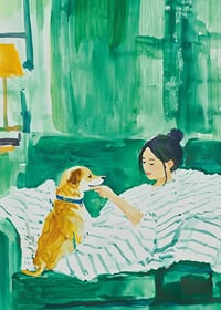 Woman and dog rest harmoniously in green tones, filled with calm and togetherness-7