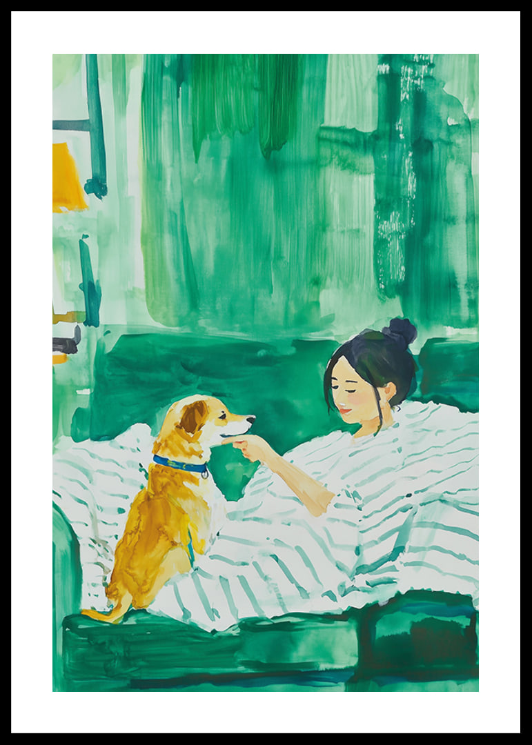 Woman and dog rest harmoniously in green tones, filled with calm and togetherness-12
