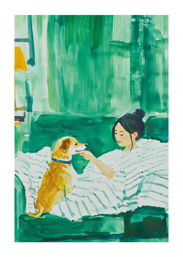 Woman and dog rest harmoniously in green tones, filled with calm and togetherness-12