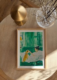 Woman and dog rest harmoniously in green tones, filled with calm and togetherness-8