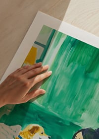 Woman and dog rest harmoniously in green tones, filled with calm and togetherness-9