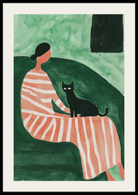 An elegant woman in a striped dress with a black cat creates calm harmony-2