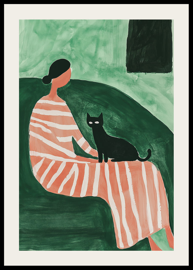 An elegant woman in a striped dress with a black cat creates calm harmony-12