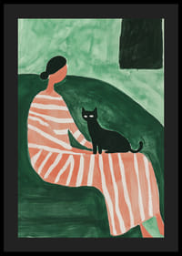 An elegant woman in a striped dress with a black cat creates calm harmony-4