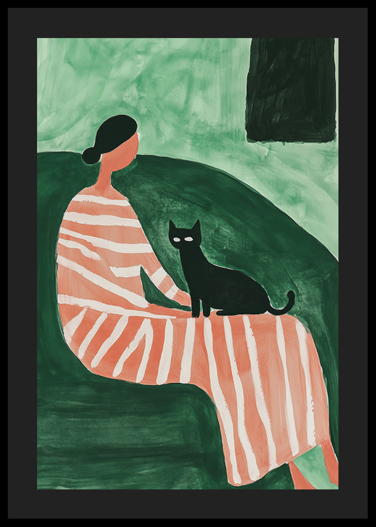 An elegant woman in a striped dress with a black cat creates calm harmony-12