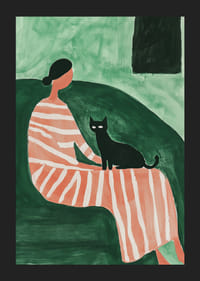 An elegant woman in a striped dress with a black cat creates calm harmony-5