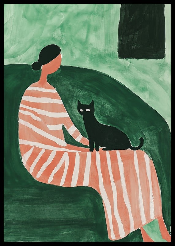 Una donna elegante in un abito a righe con un gatto nero crea un'armonia calma-12
