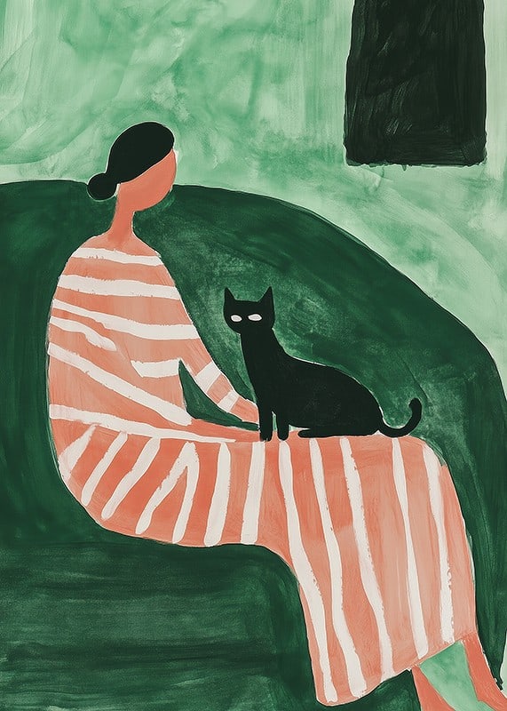 Una donna elegante in un abito a righe con un gatto nero crea un'armonia calma-12