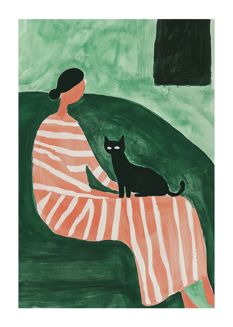 Una donna elegante in un abito a righe con un gatto nero crea un'armonia calma-12