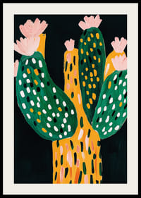 Lebhafter und verspielter Kaktus mit Blüten auf dunklem Hintergrund-2