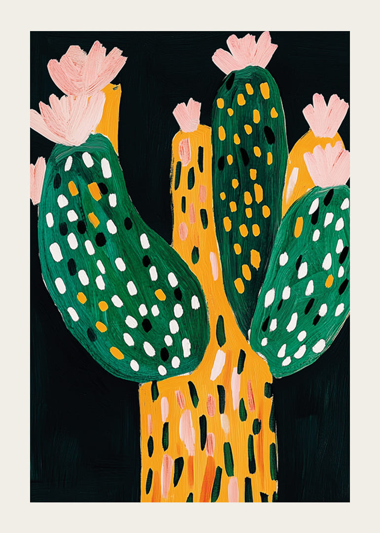 Lebhafter und verspielter Kaktus mit Blüten auf dunklem Hintergrund-12