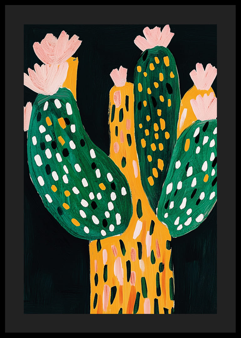 Lebhafter und verspielter Kaktus mit Blüten auf dunklem Hintergrund-12