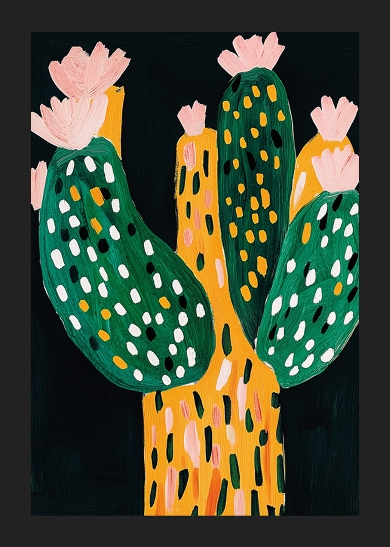 Lebhafter und verspielter Kaktus mit Blüten auf dunklem Hintergrund-12