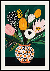 Colorful flowers in a patterned vase against a deep green background-2