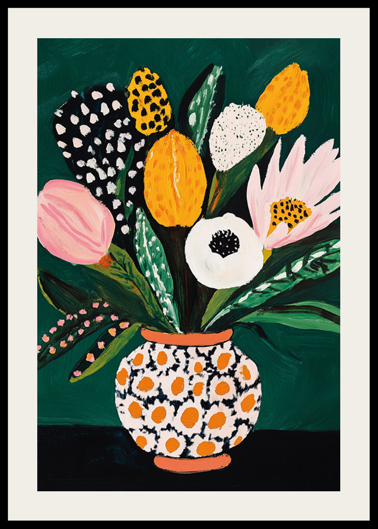 Colorful flowers in a patterned vase against a deep green background-12