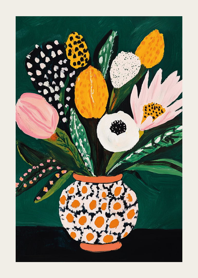 Colorful flowers in a patterned vase against a deep green background-12
