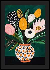 Colorful flowers in a patterned vase against a deep green background-4