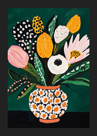Colorful flowers in a patterned vase against a deep green background-5