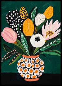 Colorful flowers in a patterned vase against a deep green background-6