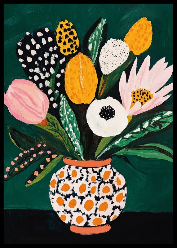 Colorful flowers in a patterned vase against a deep green background-12