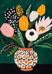 Colorful flowers in a patterned vase against a deep green background-7