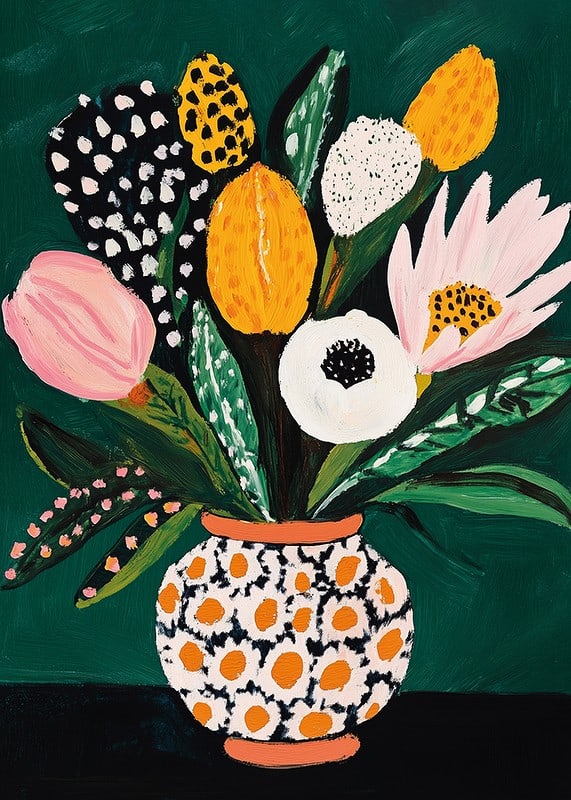 Colorful flowers in a patterned vase against a deep green background-12