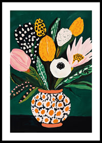 Colorful flowers in a patterned vase against a deep green background-0
